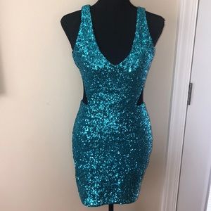 Bebe Teal Sequin Body Con Dress